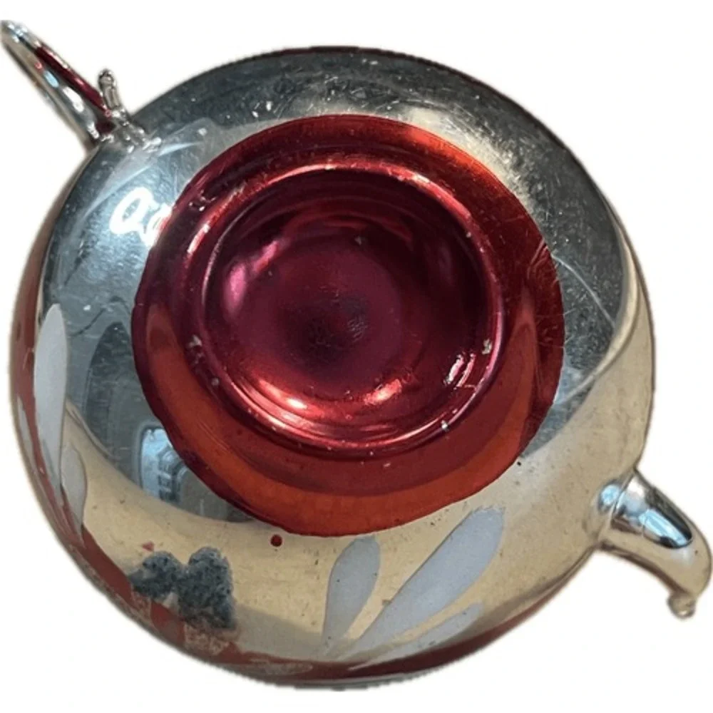 Vintage Mercury‎ Glass Teapot Christmas Ornament Red Silver Floral Hand Painted
